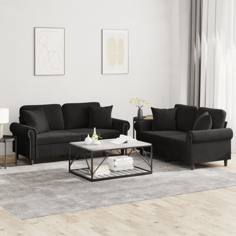 vidaXL 2-tlg. Sofagarnitur mit Kissen Schwarz Samt vidaXL 2-tlg. Sofagarnitur mit Kissen Schwarz Samt