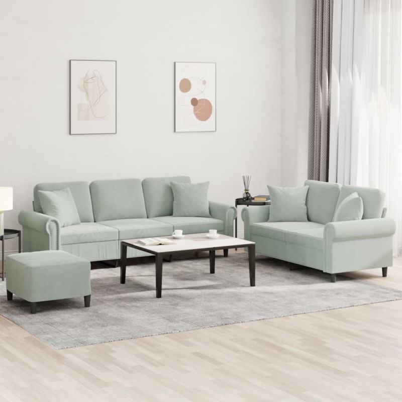 vidaXL 3-tlg. Sofagarnitur mit Kissen Hellgrau Samt vidaXL 3-tlg. Sofagarnitur mit Kissen Hellgrau Samt