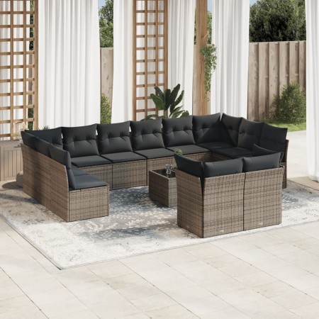 vidaXL 13-tlg. Garten-Sofagarnitur mit Kissen Grau Poly Rattan