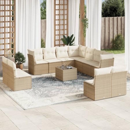 vidaXL 12-tlg. Garten-Sofagarnitur mit Kissen Beige Poly Rattan