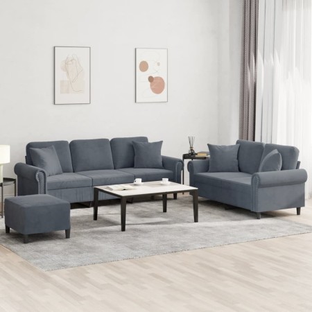 vidaXL 3-tlg. Sofagarnitur mit Kissen Dunkelgrau Samt