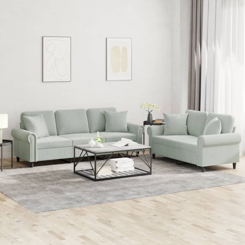 vidaXL 2-tlg. Sofagarnitur mit Kissen Hellgrau Samt vidaXL 2-tlg. Sofagarnitur mit Kissen Hellgrau Samt