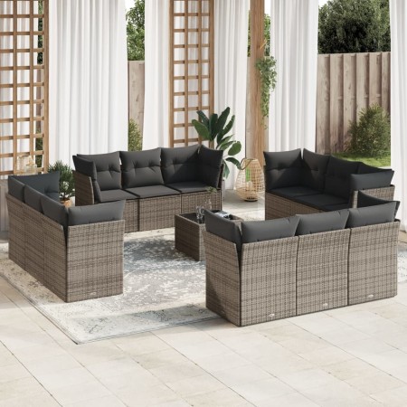 vidaXL 13-tlg. Garten-Sofagarnitur mit Kissen Grau Poly Rattan