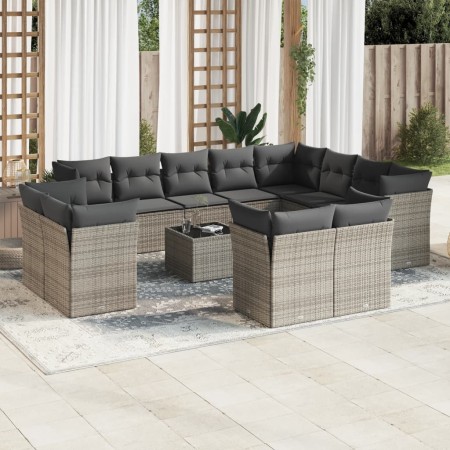 vidaXL 13-tlg. Garten-Sofagarnitur mit Kissen Grau Poly Rattan