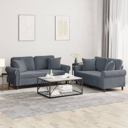 vidaXL 2-tlg. Sofagarnitur mit Kissen Dunkelgrau Samt