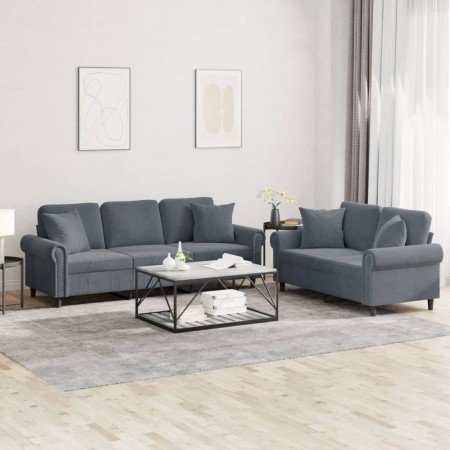 vidaXL 2-tlg. Sofagarnitur mit Kissen Dunkelgrau Samt