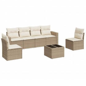 vidaXL 7-tlg. Garten-Sofagarnitur mit Kissen Beige Poly Rattan