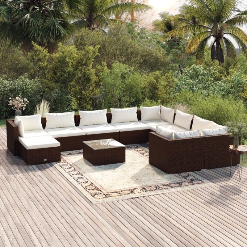 vidaXL 11-tlg. Garten-Lounge-Set mit Kissen Poly Rattan Braun vidaXL 11-tlg. Garten-Lounge-Set mit Kissen Poly Rattan Braun