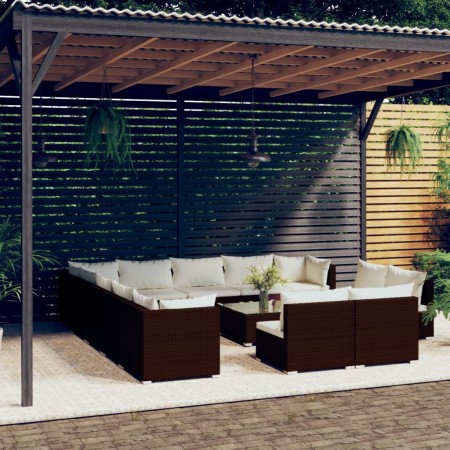 vidaXL 14-tlg. Garten-Lounge-Set mit Kissen Braun Poly Rattan