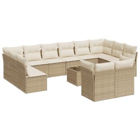 vidaXL 13-tlg. Garten-Sofagarnitur mit Kissen Beige Poly Rattan