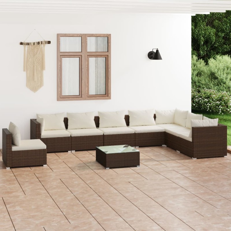 vidaXL 9-tlg. Garten-Lounge-Set mit Kissen Poly Rattan Braun vidaXL 9-tlg. Garten-Lounge-Set mit Kissen Poly Rattan Braun