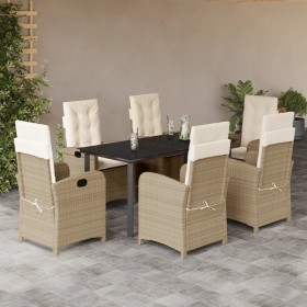 vidaXL 7-tlg. Garten-Essgruppe mit Kissen Beige Poly Rattan