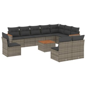 vidaXL 11-tlg. Garten-Sofagarnitur mit Kissen Grau Poly Rattan