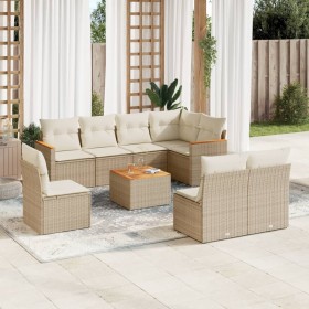 vidaXL 9-tlg. Garten-Sofagarnitur mit Kissen Beige Poly Rattan