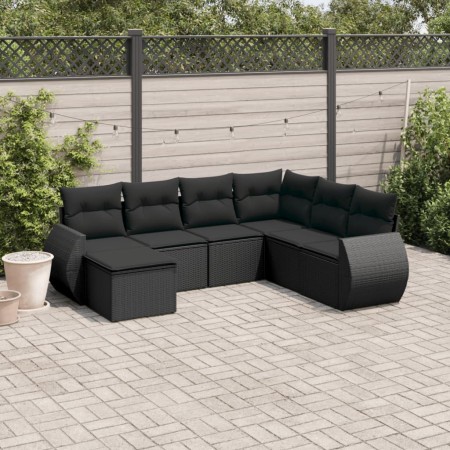 vidaXL 7-tlg. Garten-Sofagarnitur mit Kissen Schwarz Poly Rattan