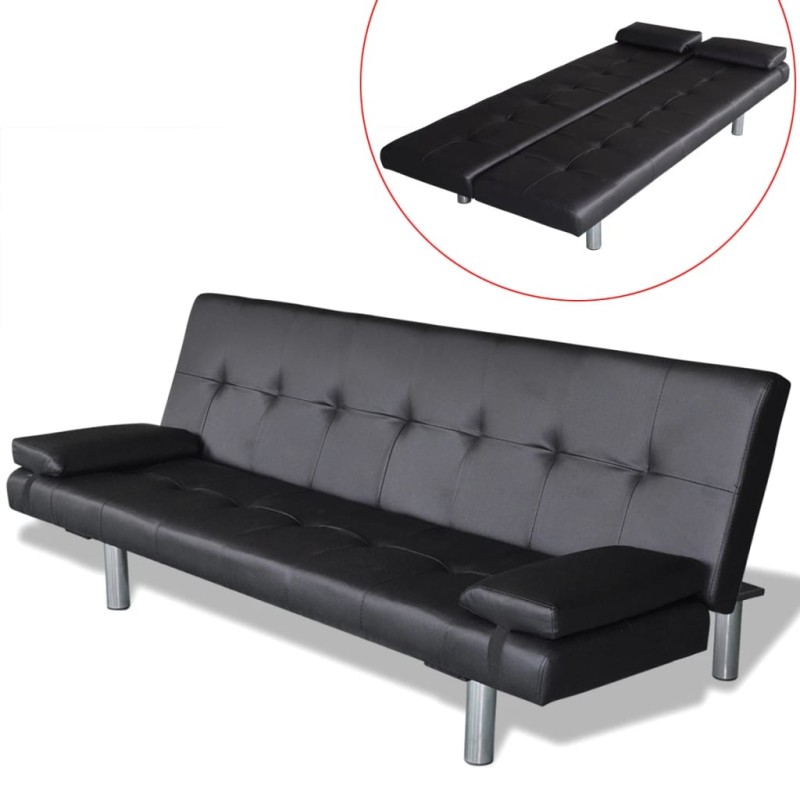 Schlafsofa mit 2 Kissen Kunstleder Ausziehbar Schwarz Schlafsofa mit 2 Kissen Kunstleder Ausziehbar Schwarz