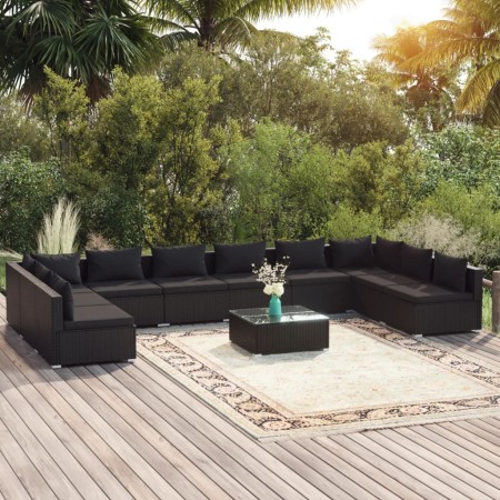 vidaXL 11-tlg. Garten-Lounge-Set mit Kissen Poly Rattan Schwarz