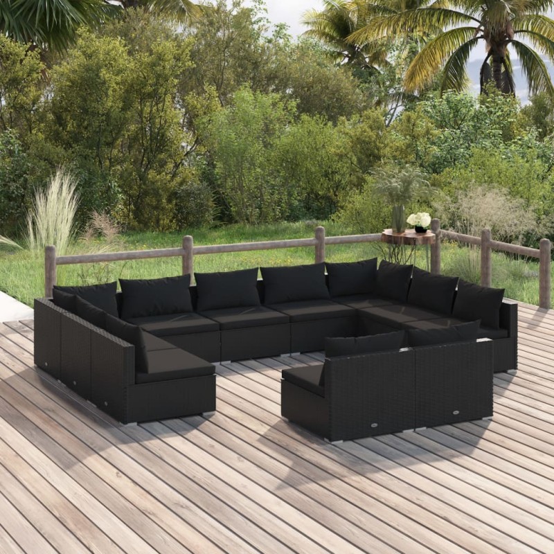 vidaXL 11-tlg. Garten-Lounge-Set mit Kissen Schwarz Poly Rattan vidaXL 11-tlg. Garten-Lounge-Set mit Kissen Schwarz Poly Rattan