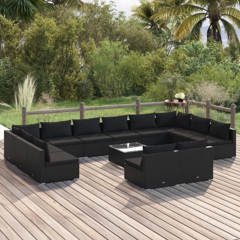 vidaXL 13-tlg. Garten-Lounge-Set mit Kissen Schwarz Poly Rattan vidaXL 13-tlg. Garten-Lounge-Set mit Kissen Schwarz Poly Rattan
