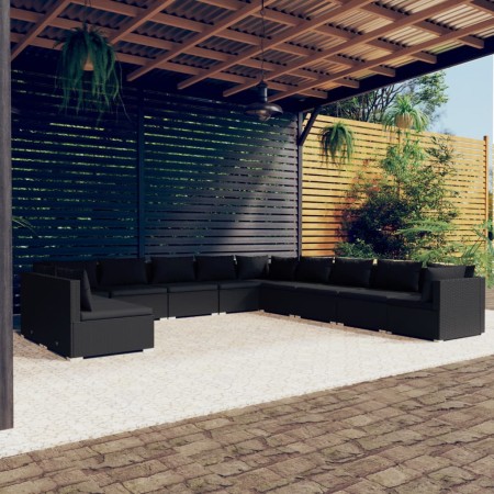 vidaXL 11-tlg. Garten-Lounge-Set mit Kissen Schwarz Poly Rattan