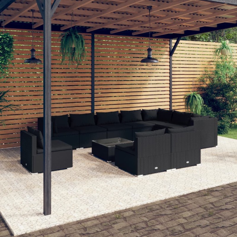 vidaXL 11-tlg. Garten-Lounge-Set mit Kissen Poly Rattan Schwarz vidaXL 11-tlg. Garten-Lounge-Set mit Kissen Poly Rattan Schwarz
