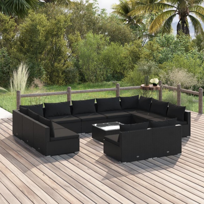 vidaXL 12-tlg. Garten-Lounge-Set mit Kissen Schwarz Poly Rattan vidaXL 12-tlg. Garten-Lounge-Set mit Kissen Schwarz Poly Rattan