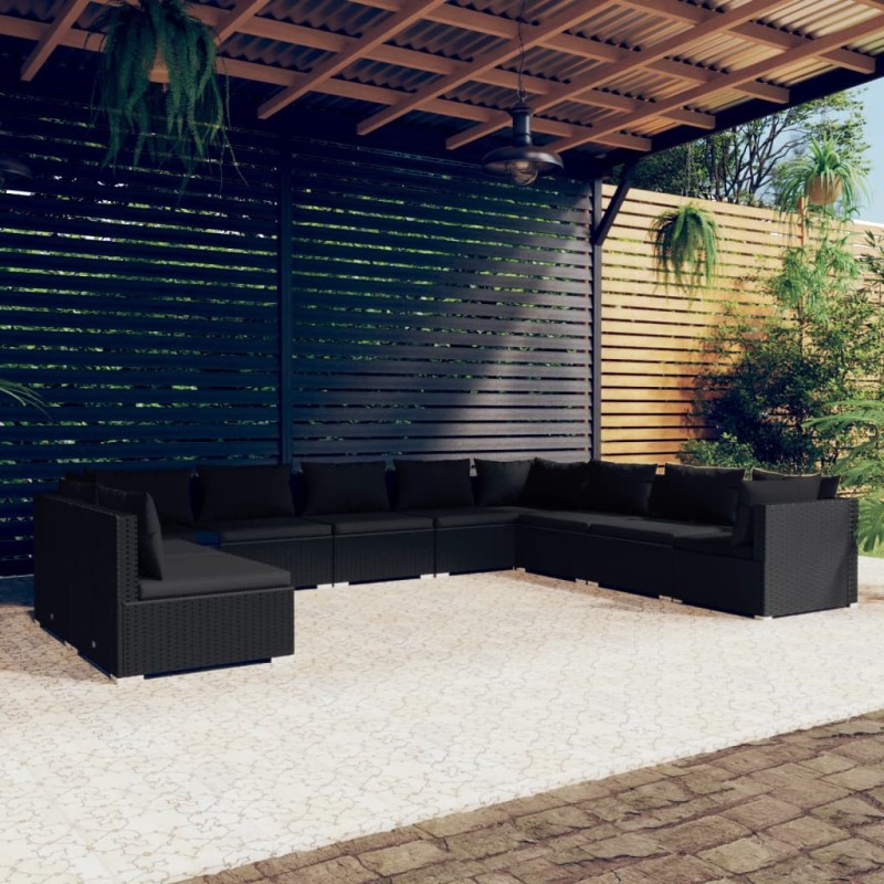 vidaXL 10-tlg. Garten-Lounge-Set mit Kissen Schwarz Poly Rattan vidaXL 10-tlg. Garten-Lounge-Set mit Kissen Schwarz Poly Rattan