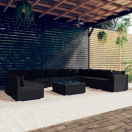 vidaXL 11-tlg. Garten-Lounge-Set mit Kissen Schwarz Poly Rattan