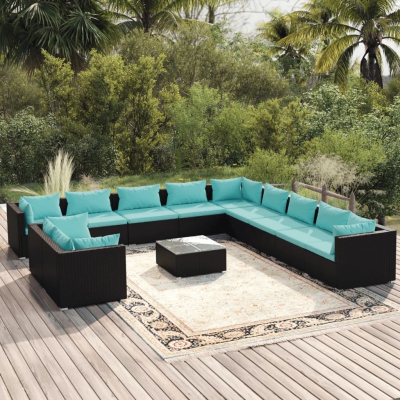 vidaXL 12-tlg. Garten-Lounge-Set mit Kissen Schwarz Poly Rattan vidaXL 12-tlg. Garten-Lounge-Set mit Kissen Schwarz Poly Rattan