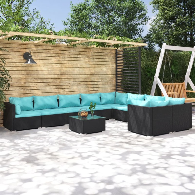 vidaXL 10-tlg. Garten-Lounge-Set mit Kissen Poly Rattan Schwarz vidaXL 10-tlg. Garten-Lounge-Set mit Kissen Poly Rattan Schwarz