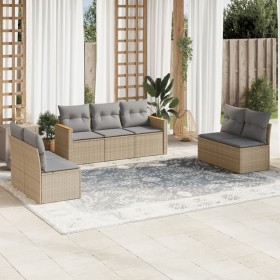 vidaXL 7-tlg. Garten-Sofagarnitur mit Kissen Beige Poly Rattan