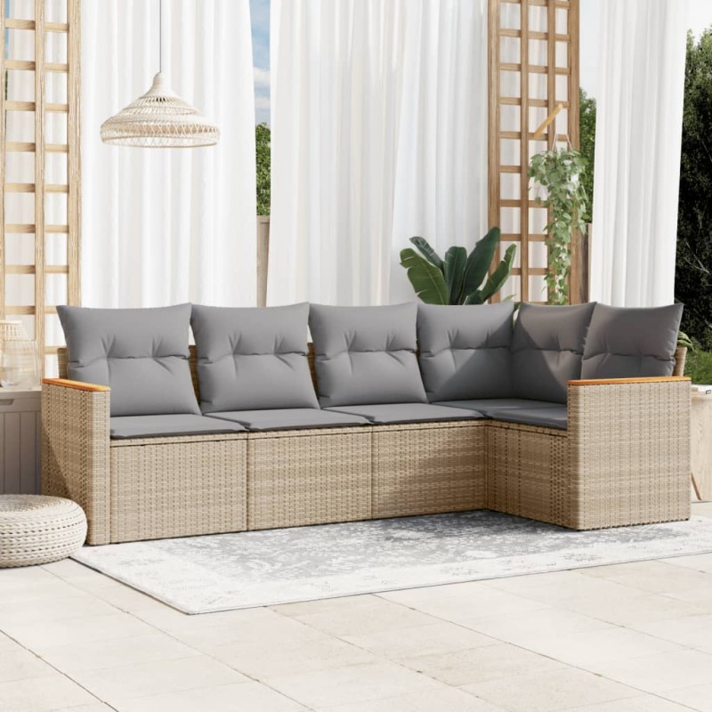 vidaXL 5-tlg. Garten-Sofagarnitur mit Kissen Beige Poly Rattan vidaXL 5-tlg. Garten-Sofagarnitur mit Kissen Beige Poly Rattan