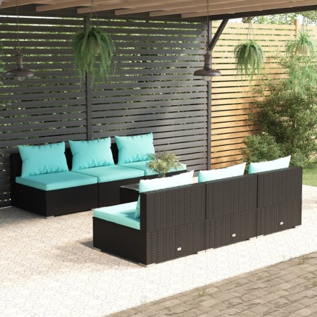 vidaXL 7-tlg. Garten-Lounge-Set mit Kissen Poly Rattan Schwarz