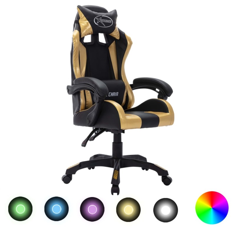 Gaming-Stuhl mit RGB LED-Leuchten Gold und Schwarz Kunstleder Gaming-Stuhl mit RGB LED-Leuchten Gold und Schwarz Kunstleder