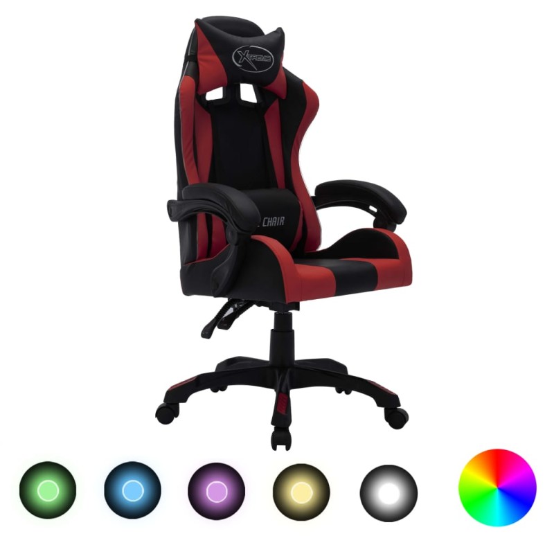 Gaming-Stuhl mit RGB LED-Leuchten Weinrot Schwarz Kunstleder Gaming-Stuhl mit RGB LED-Leuchten Weinrot Schwarz Kunstleder