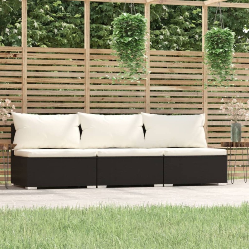 3-Sitzer-Sofa mit Kissen Schwarz Poly Rattan 3-Sitzer-Sofa mit Kissen Schwarz Poly Rattan
