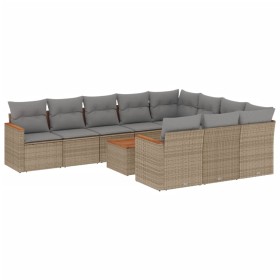 vidaXL 11-tlg. Garten-Sofagarnitur mit Kissen Beige Poly Rattan