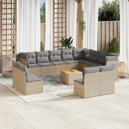 vidaXL 13-tlg. Garten-Sofagarnitur mit Kissen Beige Poly Rattan