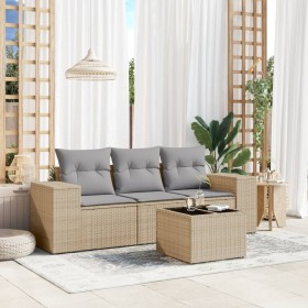 vidaXL 4-tlg. Garten-Sofagarnitur mit Kissen Beige Poly Rattan