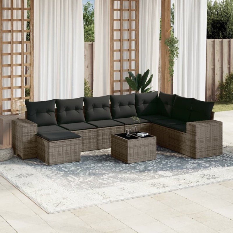 vidaXL 9-tlg. Garten-Sofagarnitur mit Kissen Grau Poly Rattan vidaXL 9-tlg. Garten-Sofagarnitur mit Kissen Grau Poly Rattan