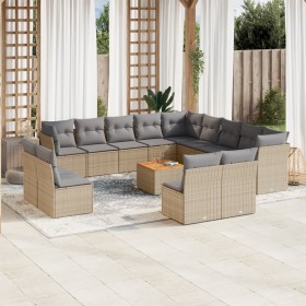 vidaXL 14-tlg. Garten-Sofagarnitur mit Kissen Beige Poly Rattan