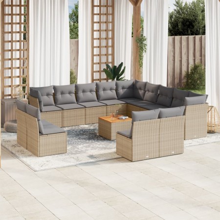 vidaXL 14-tlg. Garten-Sofagarnitur mit Kissen Beige Poly Rattan