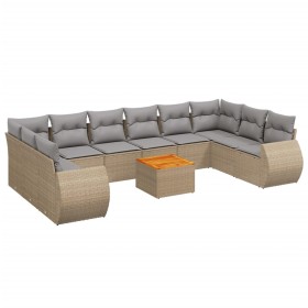 vidaXL 11-tlg. Garten-Sofagarnitur mit Kissen Beige Poly Rattan