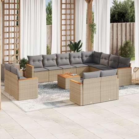 vidaXL 13-tlg. Garten-Sofagarnitur mit Kissen Beige Poly Rattan