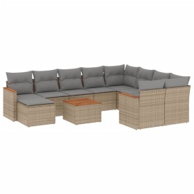 vidaXL 11-tlg. Garten-Sofagarnitur mit Kissen Beige Poly Rattan