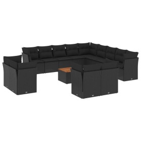 vidaXL 14-tlg. Garten-Sofagarnitur mit Kissen Schwarz Poly Rattan