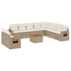 vidaXL 11-tlg. Garten-Sofagarnitur mit Kissen Beige Poly Rattan