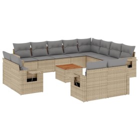 vidaXL 13-tlg. Garten-Sofagarnitur mit Kissen Beige Poly Rattan