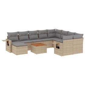 vidaXL 11-tlg. Garten-Sofagarnitur mit Kissen Beige Poly Rattan