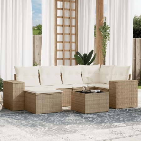 vidaXL 7-tlg. Garten-Sofagarnitur mit Kissen Beige Poly Rattan